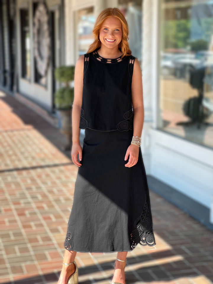 Embroidered Tank and Midi Skirt Set with Cut-Outs in Black