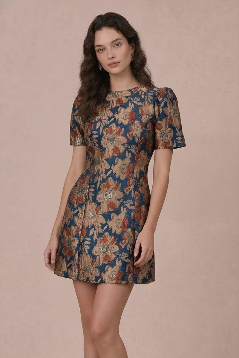 Short Puff Sleeve Jacquard Mini Dress in Teal