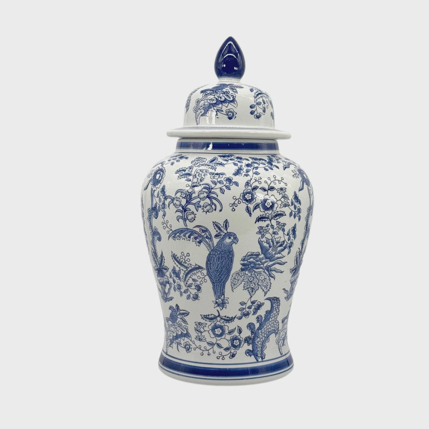Blue & White Parrot Floral Chinoiserie Ceramic Jar 25"