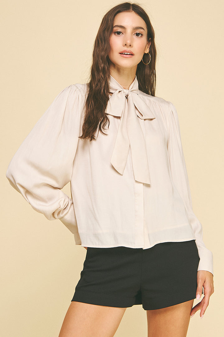 Oat Tie Neck Button Down Top
