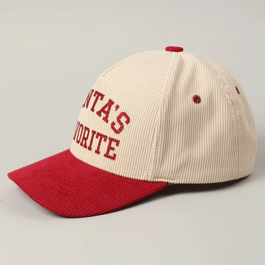 Santa's Favorite Glitter Text 5 Panel Corduroy Cap in Red