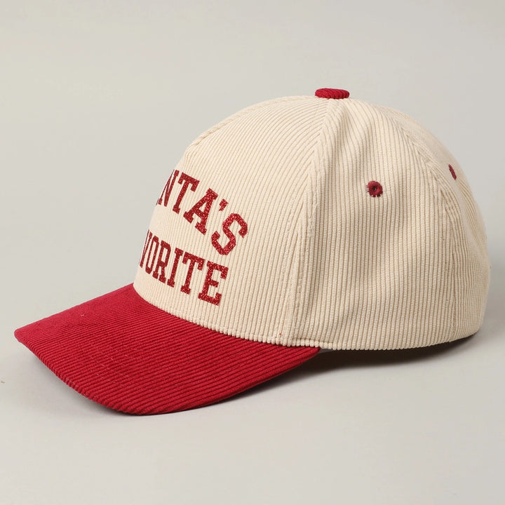 Santa's Favorite Glitter Text 5 Panel Corduroy Cap in Red