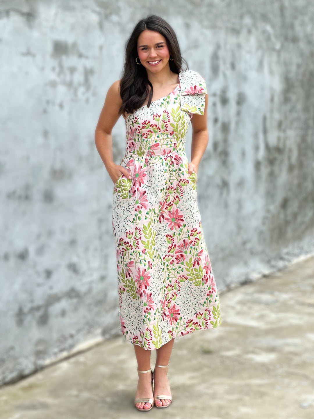 Floral One Shoulder Jacquard Midi Dress Floral One Shoulder Jacquard Midi Dress