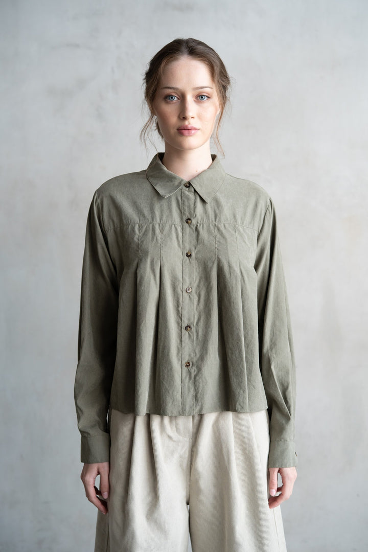 Sage Pleated Button Down Long Sleeve Top