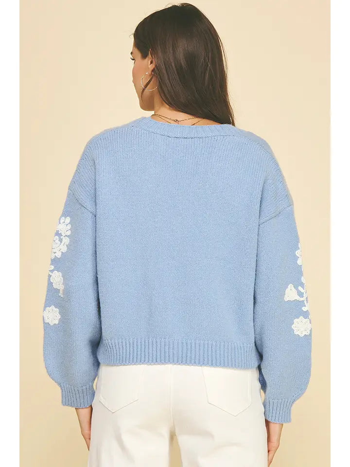 Blue Floral Embroidered Cardigan