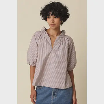 Evan Stripe Puff Sleeve Top in Brown