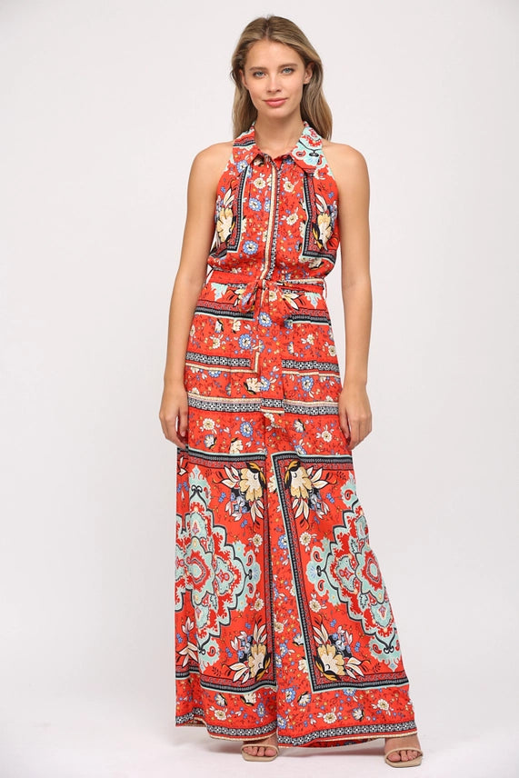Handkerchief Print Halter Neck Jumpsuit in Coral