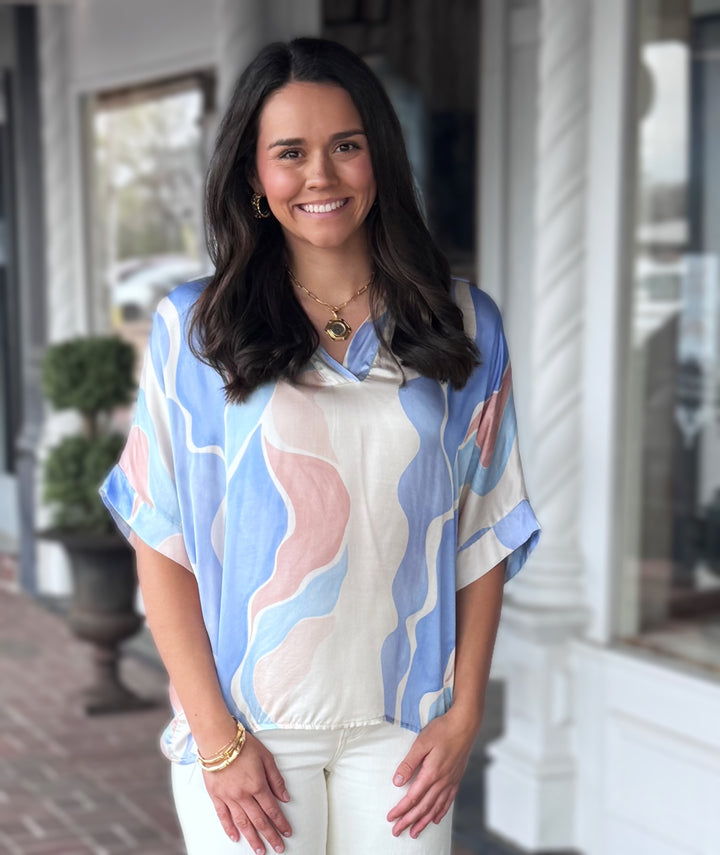 Sofia Farrah Top in Baby Blue Watercolor