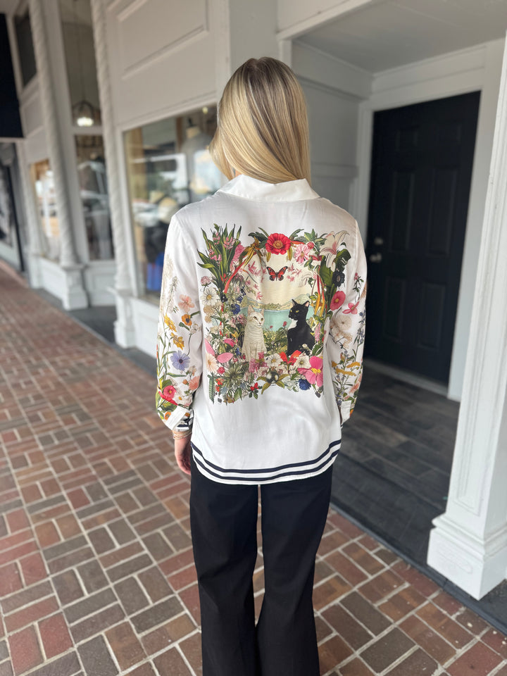 Vilagallo White Printed Gatos Button Down Top