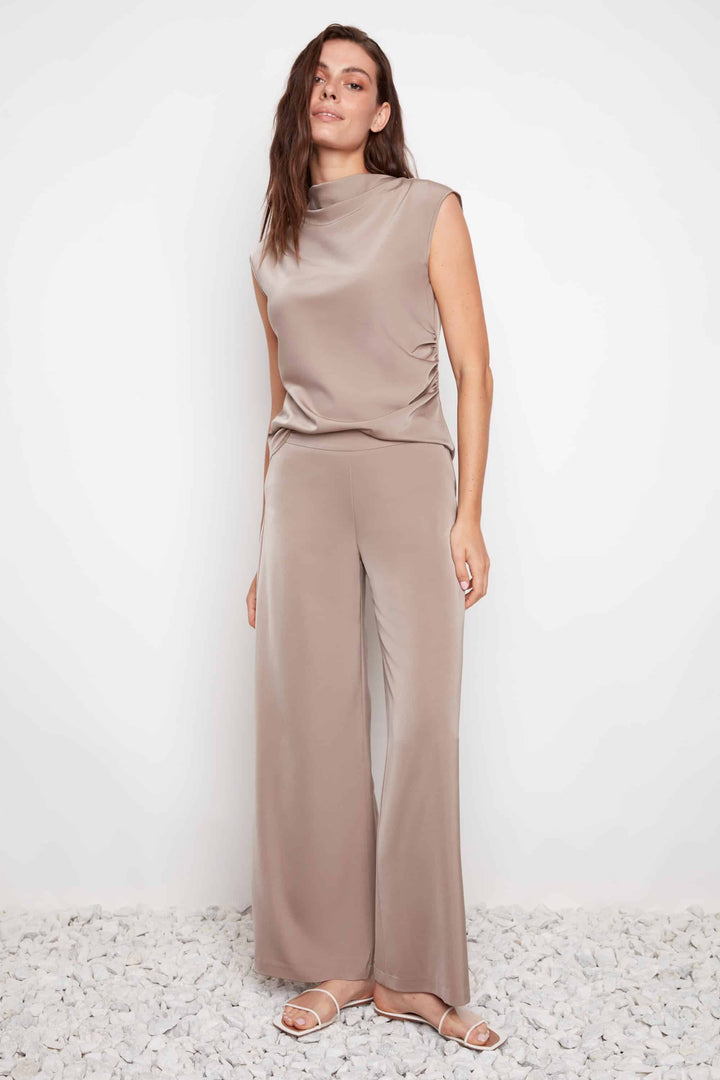 Wide Leg Satin Pant in Almond
