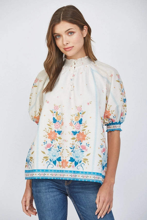 Border Print Smocked High Neck Blouse in Cream