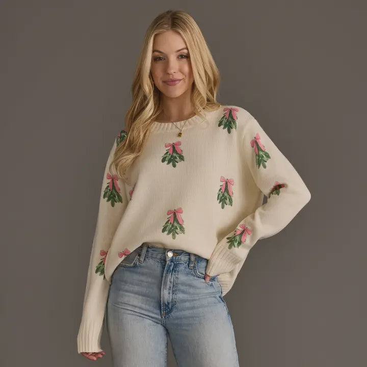 Ivory Tree Sweater with Pink Bows