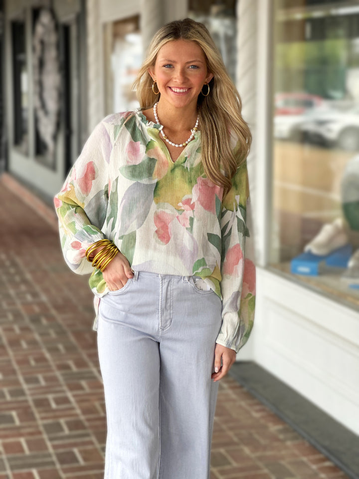 Dylan Ruffle Neck Printed Top