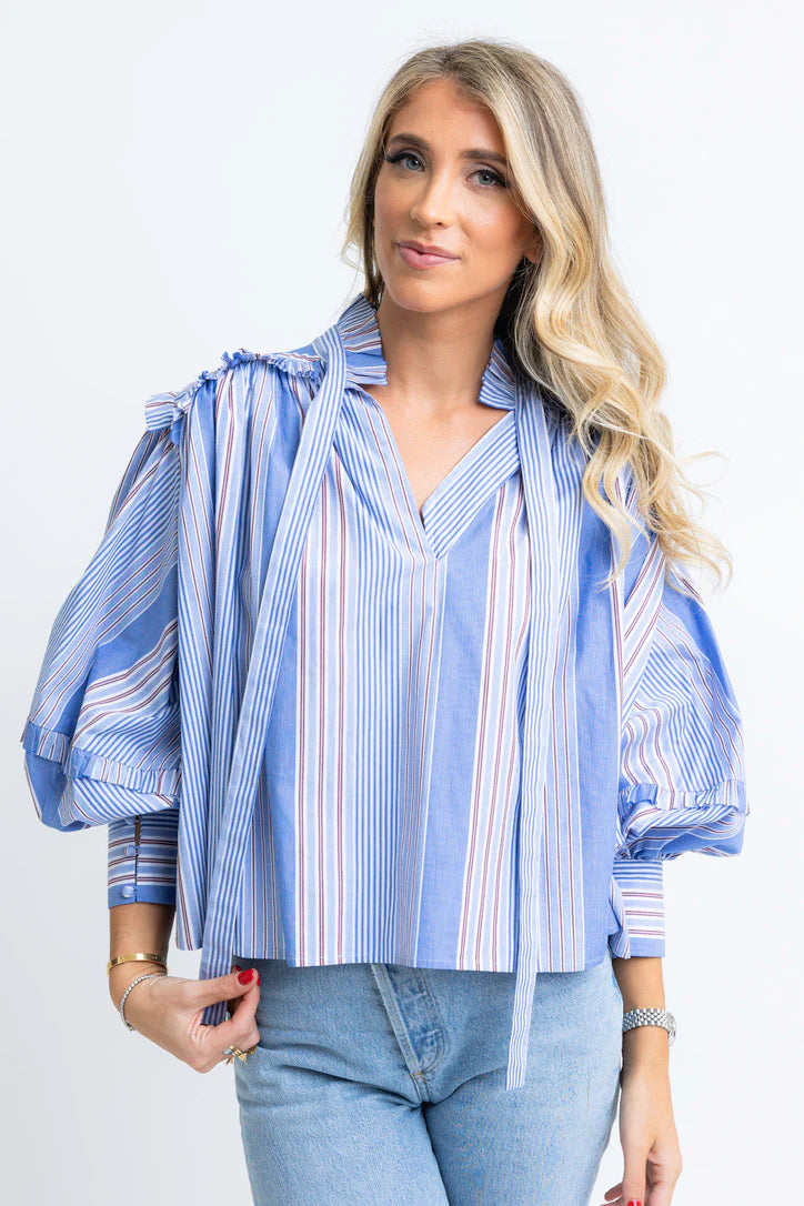 Karlie Clothes Blue Stripe Poplin Menswear Ruffle Vneck Top