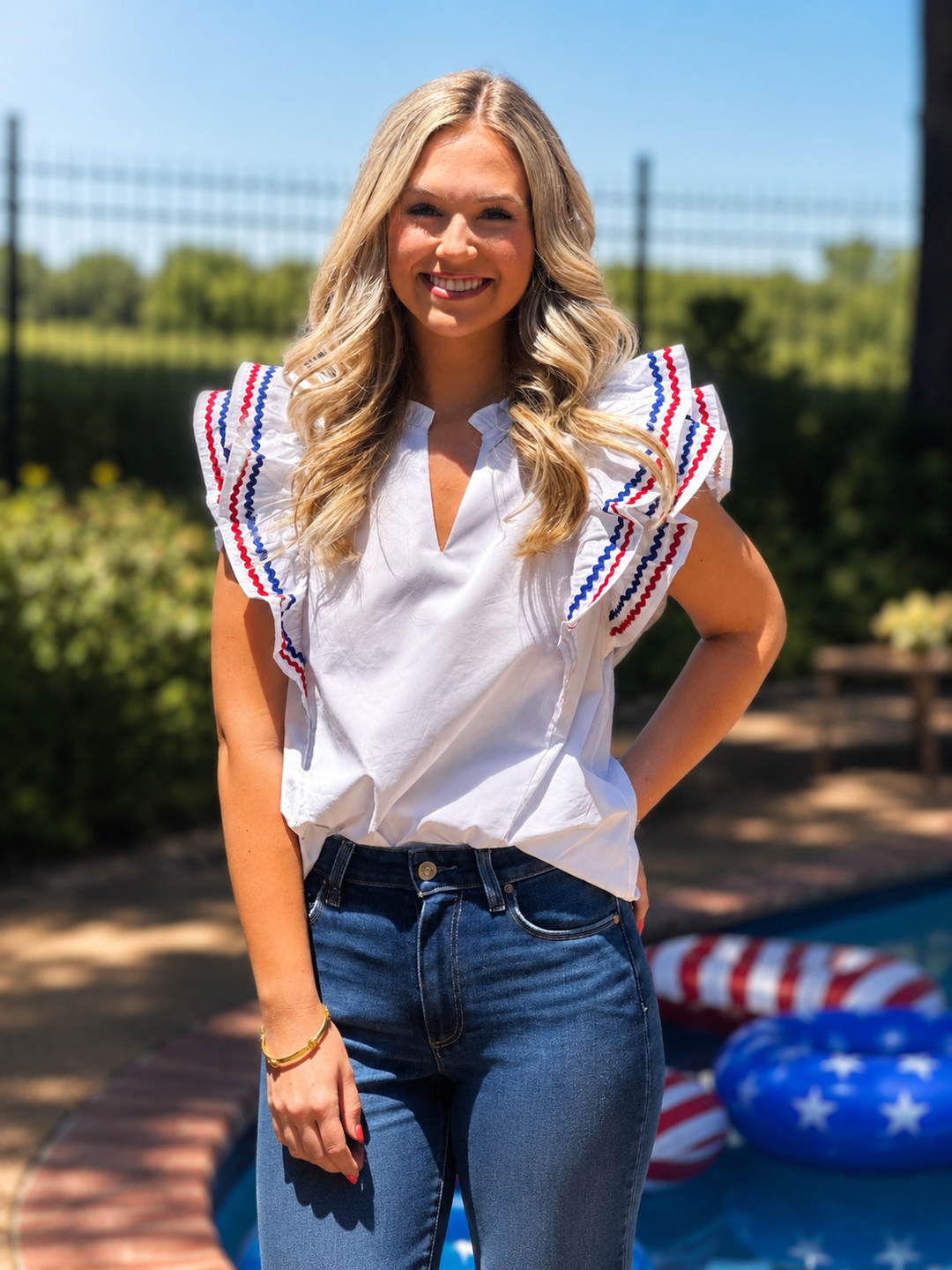Ruffle Sleeve Americana Top in White
