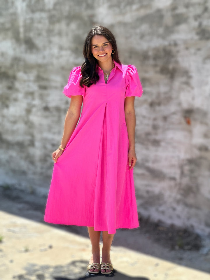 Collar V-neck Pleated Puff Sleeve Midi Dress in Hot Pink