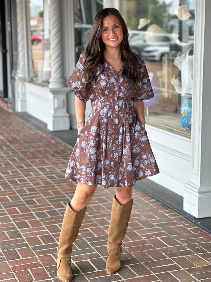 Shade It Blue Floral Printed Brown Mini Dress