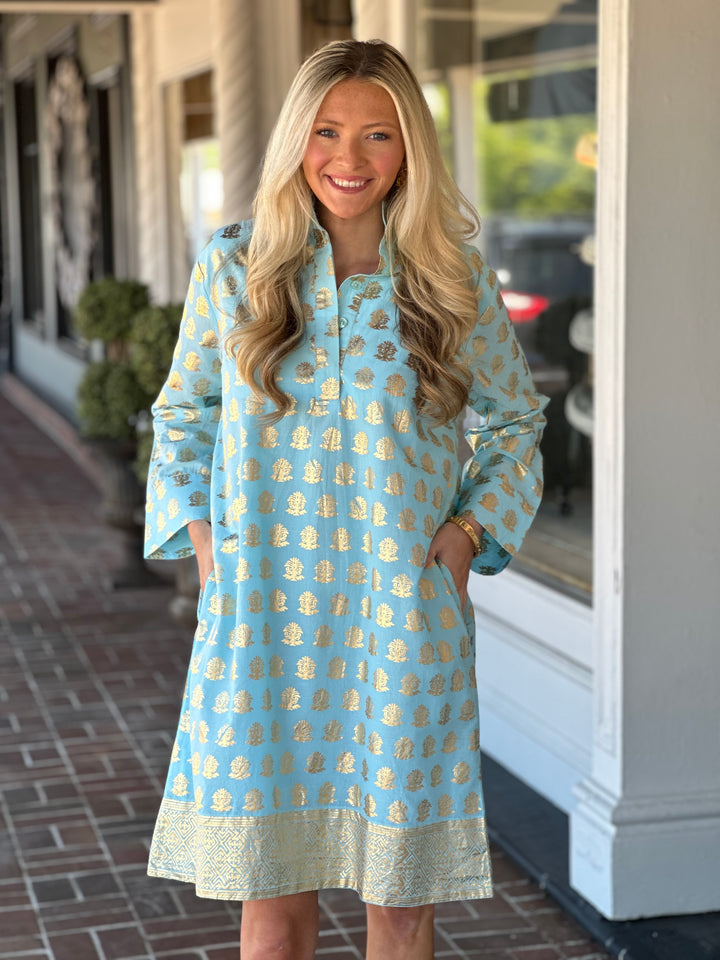 Jude Connally Helen Dress in Foulard Border Light Aqua