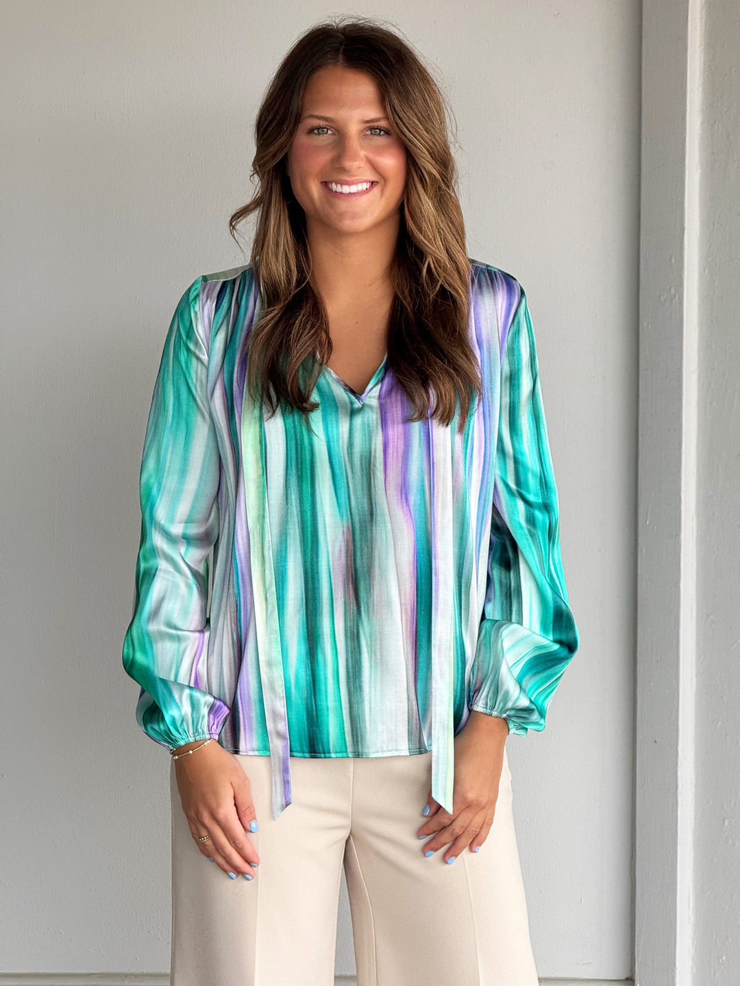 Lola +  Sophie Abstract Stripe Green Printed Top