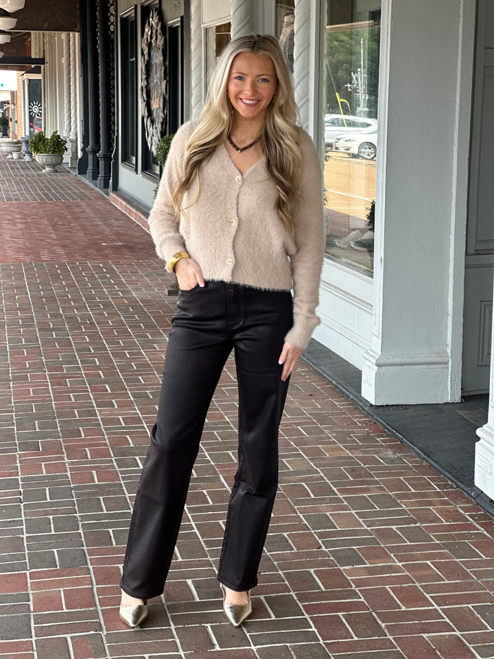 Fuzzy Knit Front Button Cardi in Taupe