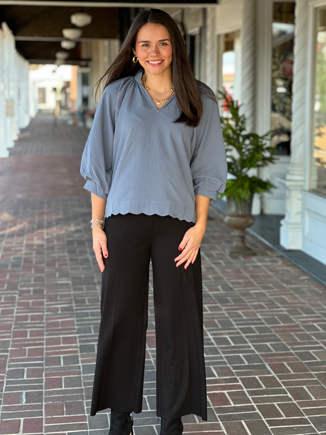 Split Neck Top in Steel Blue