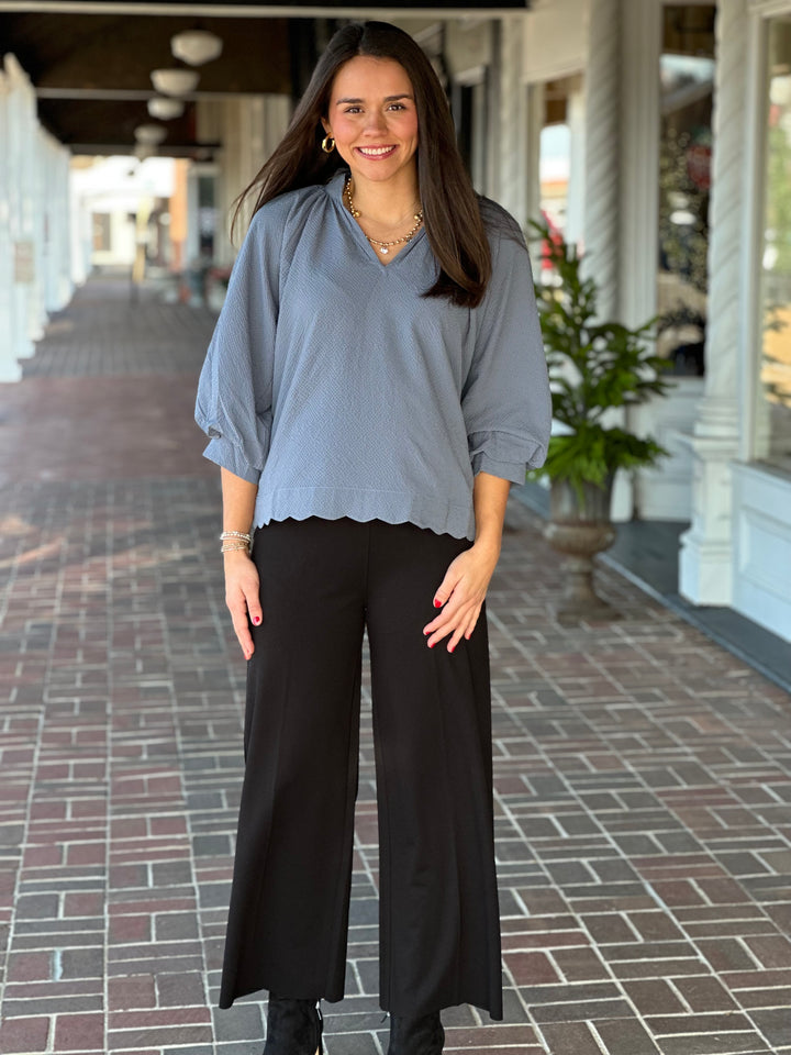 Split Neck Top in Steel Blue