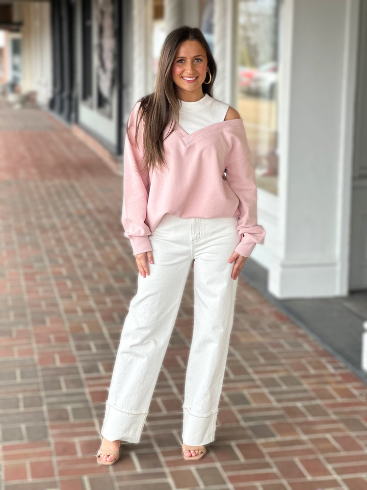 Casual Off-Shoulder Pale Pink Sweater