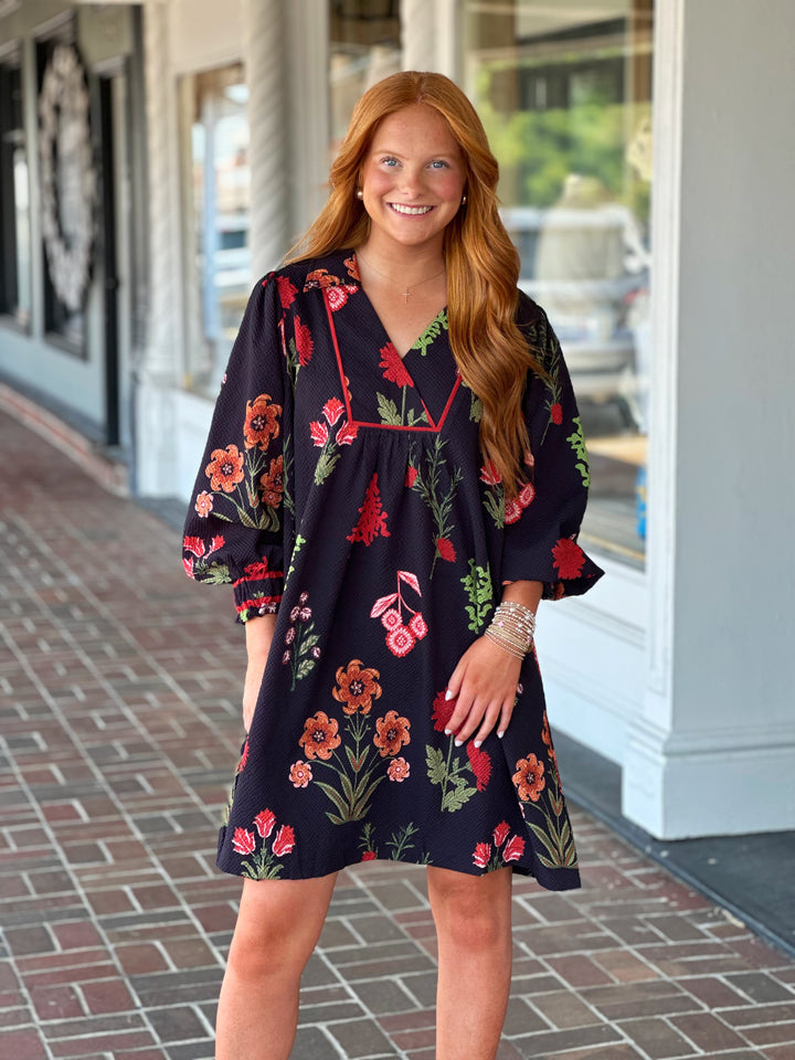 Mixed Floral Shift Dress in Black