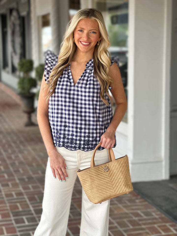 Harper Gingham Ruffle Sleeveless Top in Navy