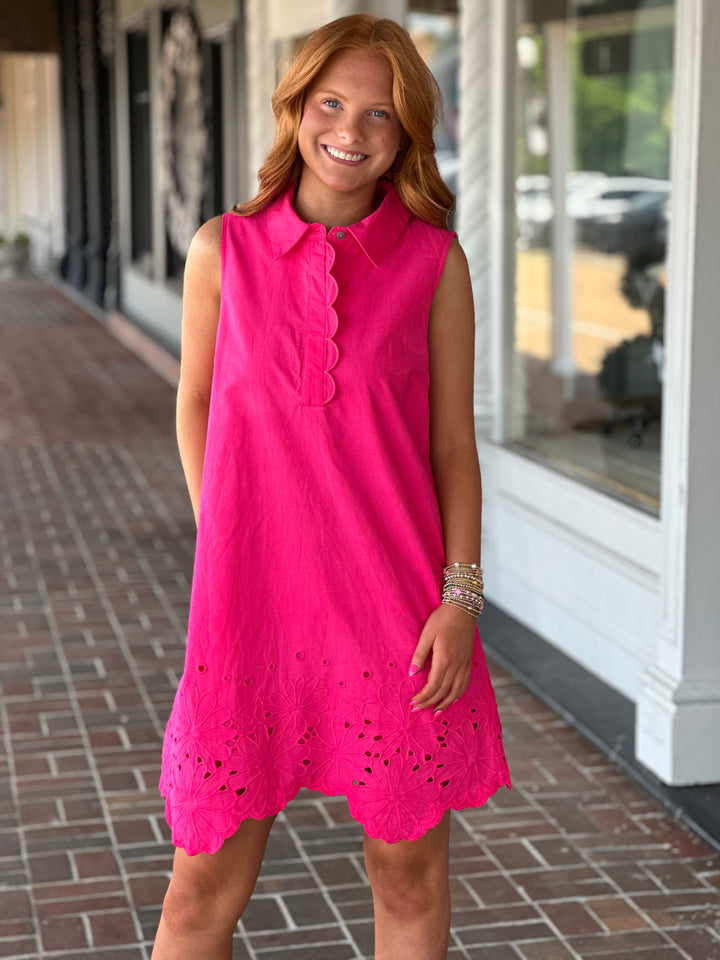 Solid Sleeveless Scallop Trim Mini Dress in Hot Pink