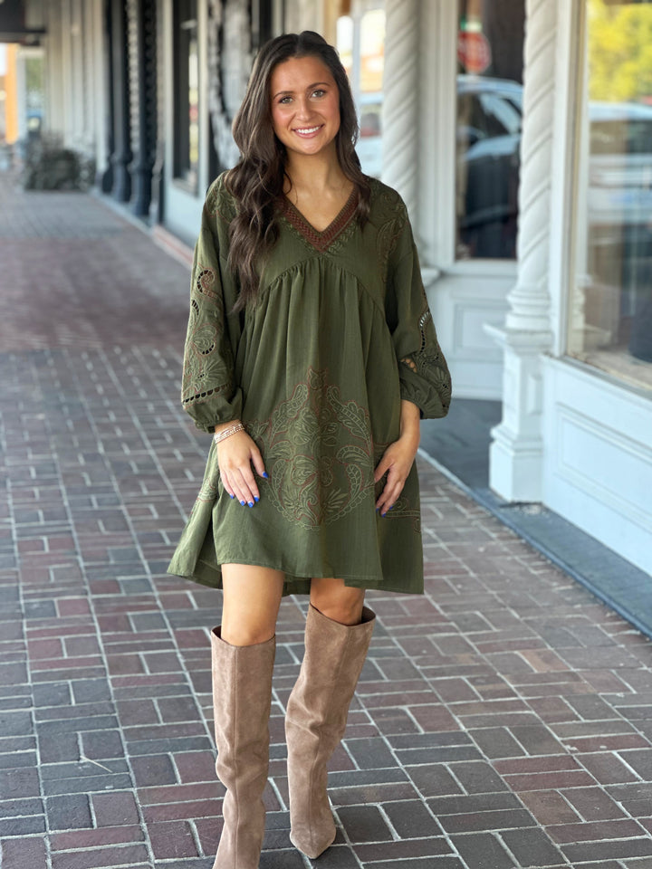 Floral Embroidered Mini Dress in Olive