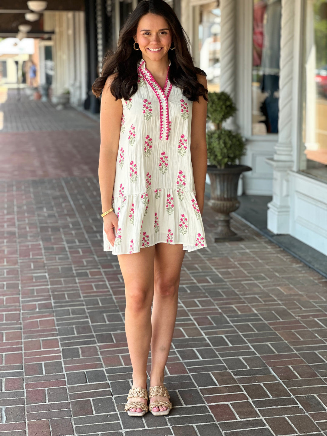 Cream Floral Sleeveless Mini Dress
