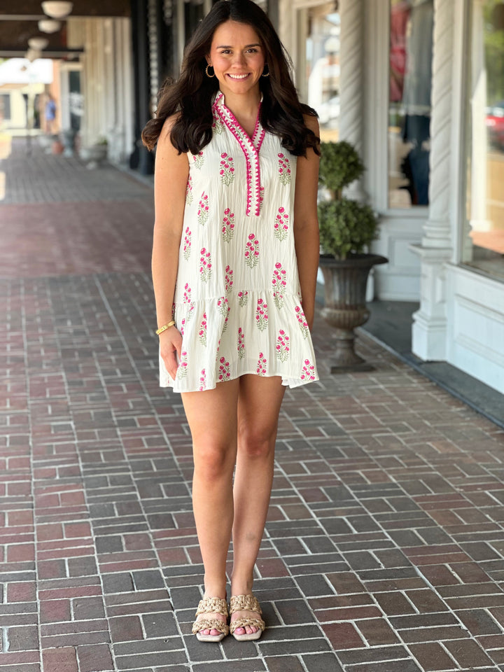 Cream Floral Sleeveless Mini Dress