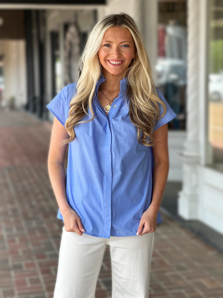 Blue Solid Cap Sleeve Top