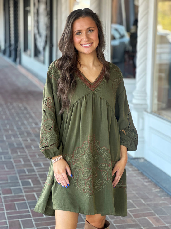 Floral Embroidered Mini Dress in Olive