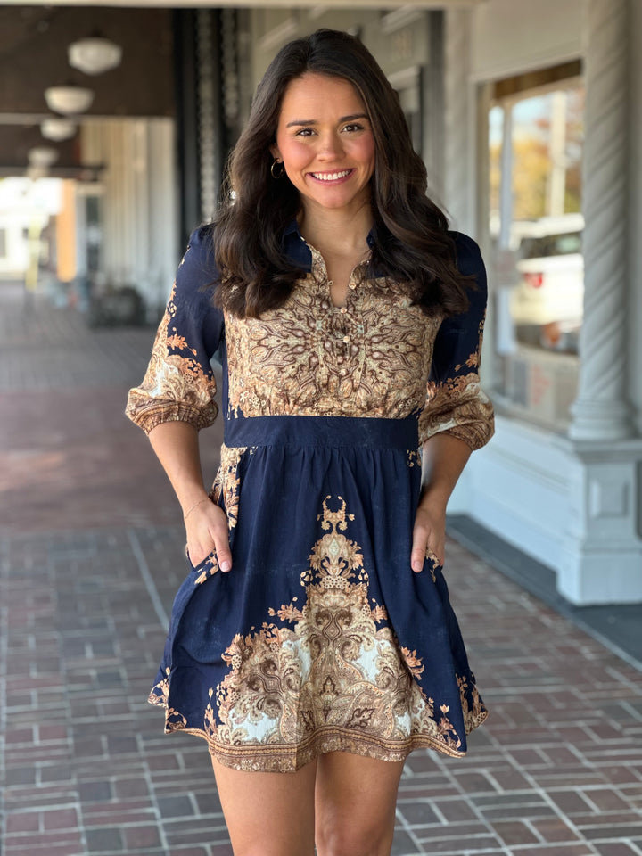 Navy Button Placket Shirt Dress