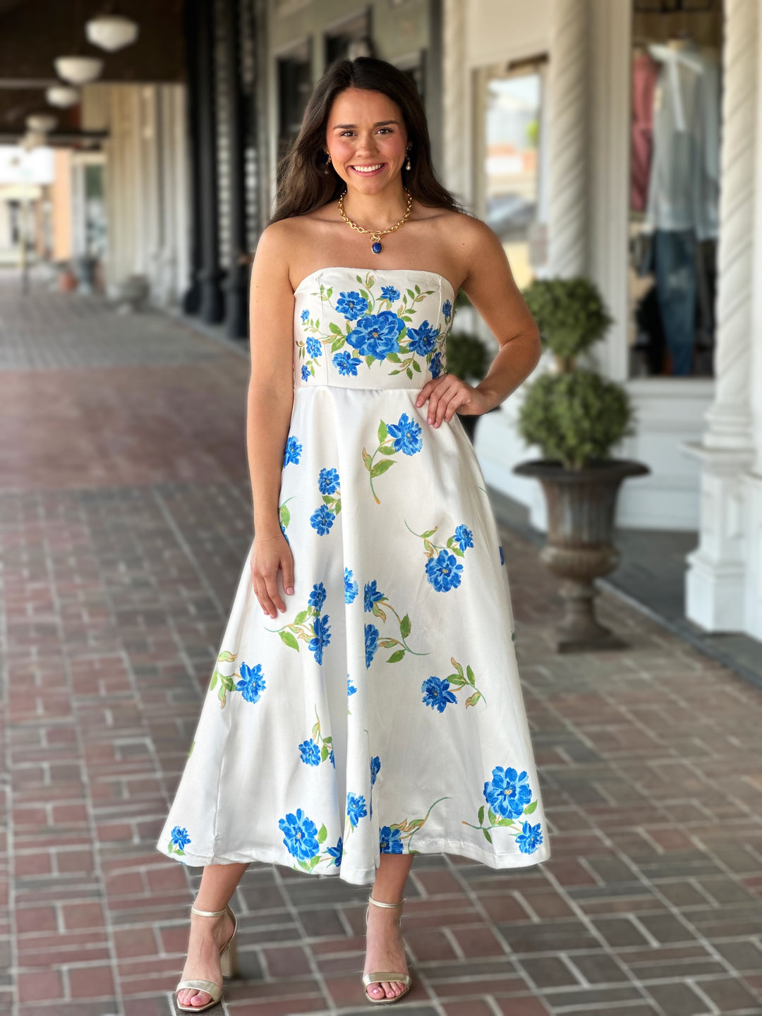 Blue Floral Printed Woven Midi Dress