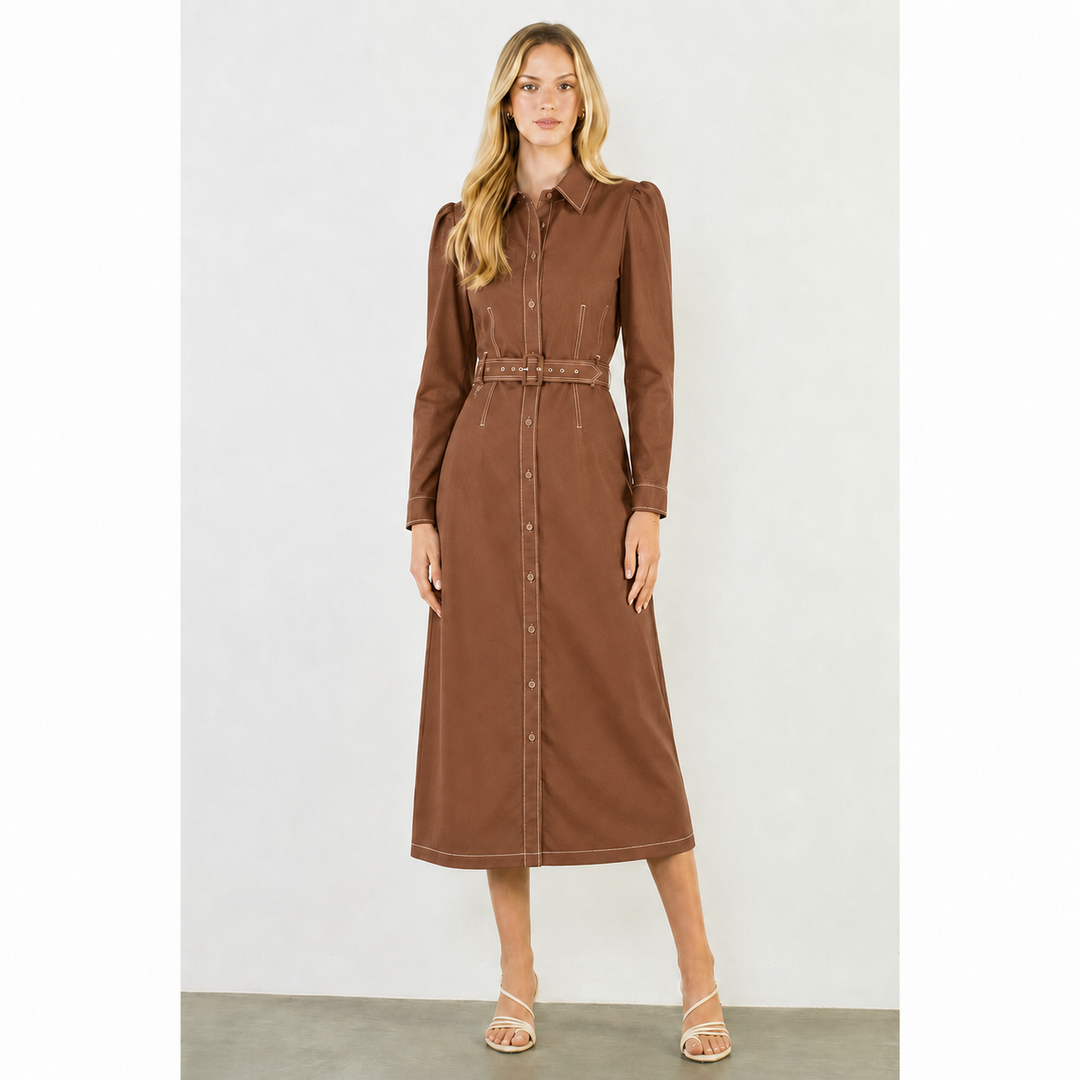 Long Belted Dress in Brown