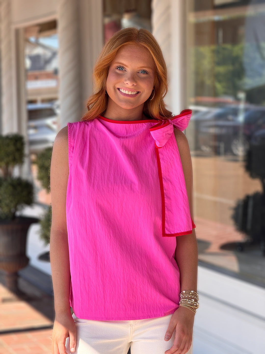 Asymmetric Pleated Shoulder Contrasting Bow Top in Pink
