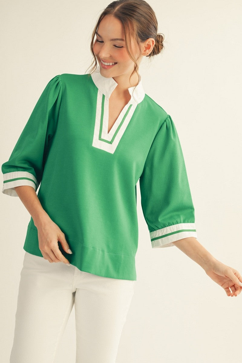 Color Contrast Accent Standing Neck Solid Top in Kelly Green