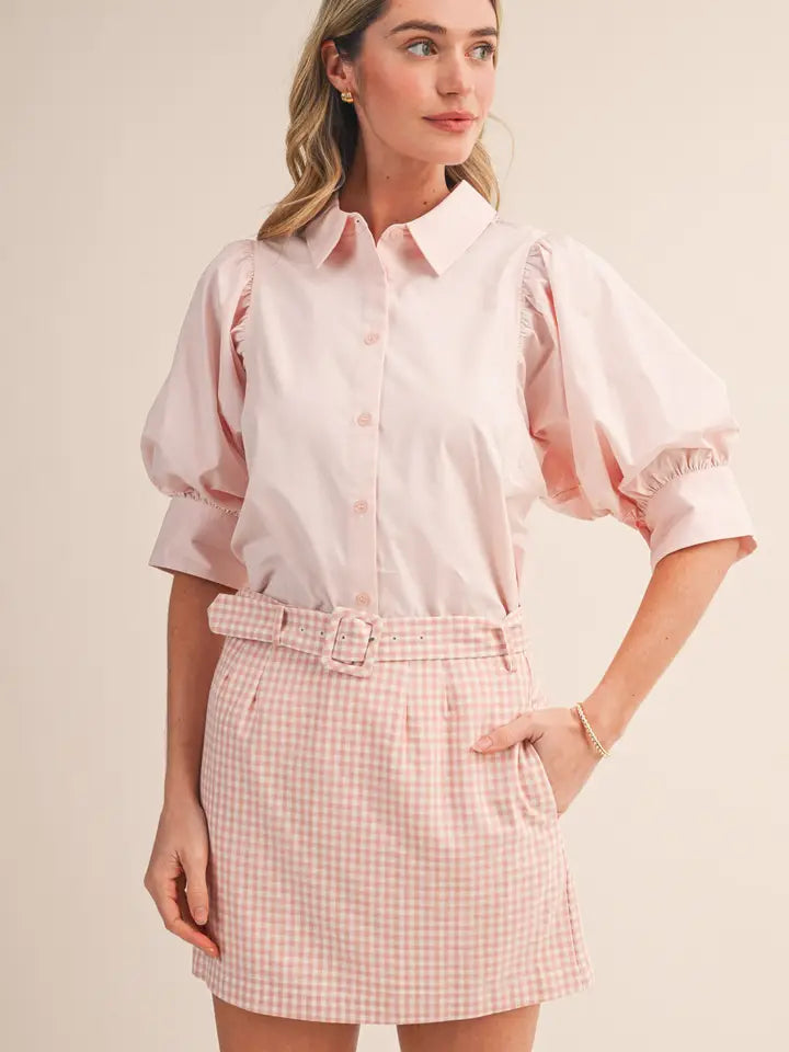 Puff Sleeve Button Down Top in Pale Pink