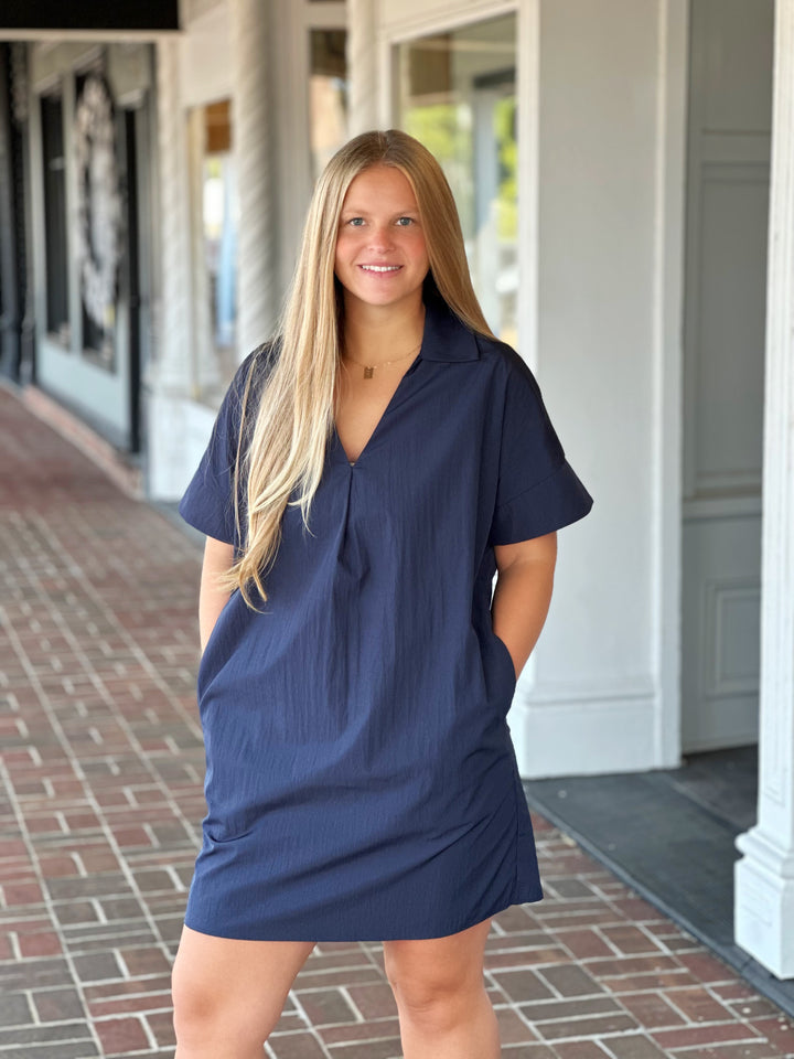 Short Sleeve V-Neck Dress in Navy