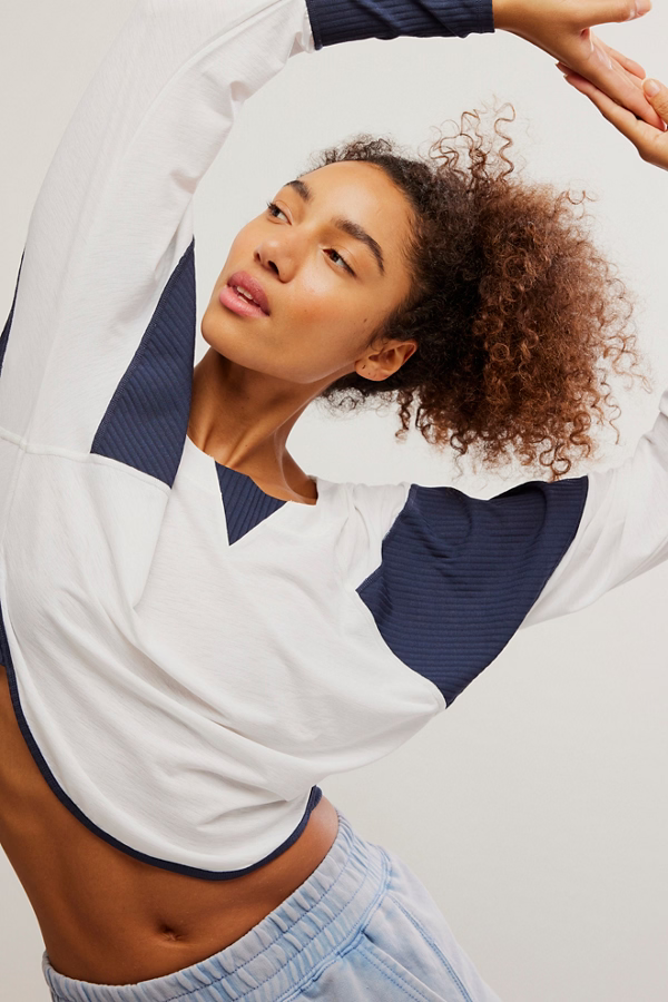 Free People Movement Spotlight Long Sleeve Layer Tee in White Navy Combo