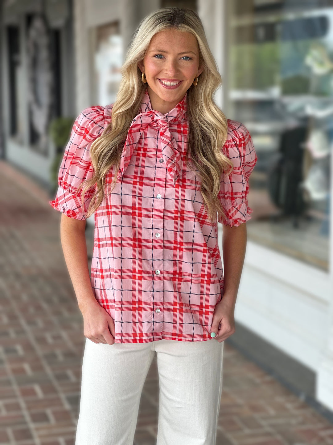 Plaid Print Tie Neck Top in Pink