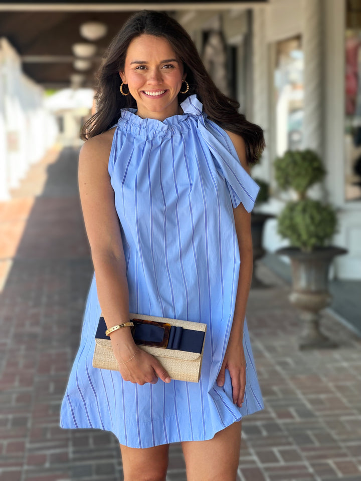 Ruffle Neck Tie Sleeveless Mini Dress in Blue