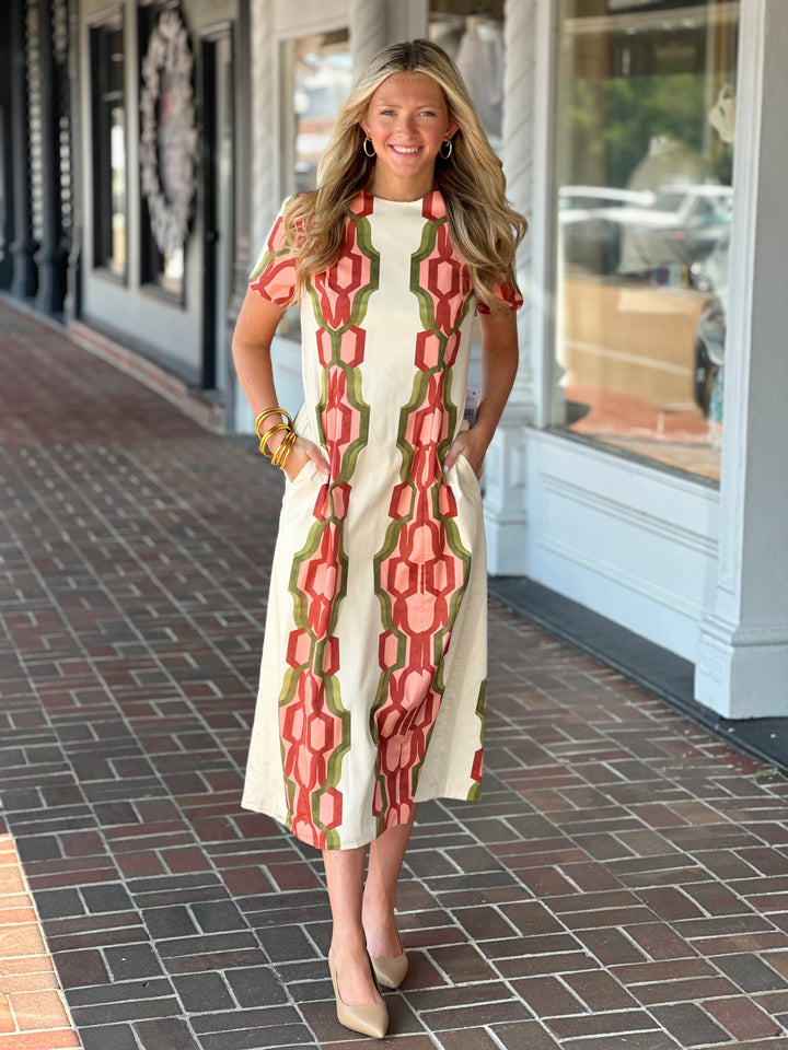 Mestiza Hampton Convertible Midi Dress in Deco Quatrefoil