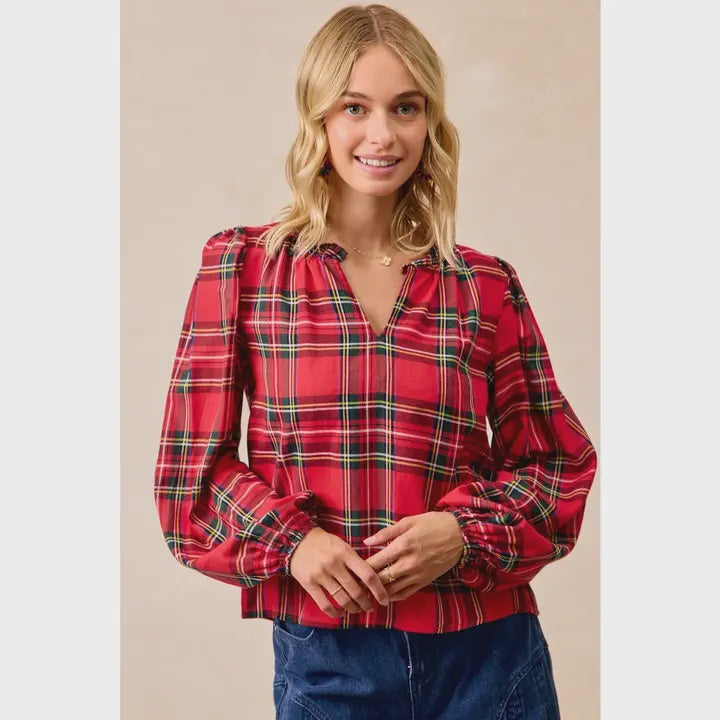 Christmas Plaid Balloon Sleeves Ruffled V-Neck Top
