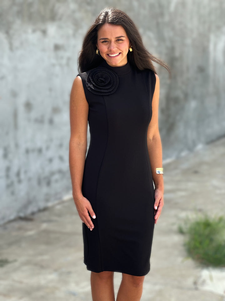 Perre Floral Mock Neck Black Sheath Dress