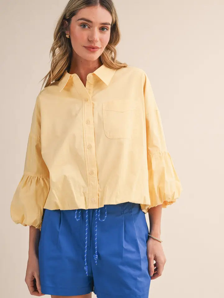 Yellow Button Down Bubble Sleeve Top
