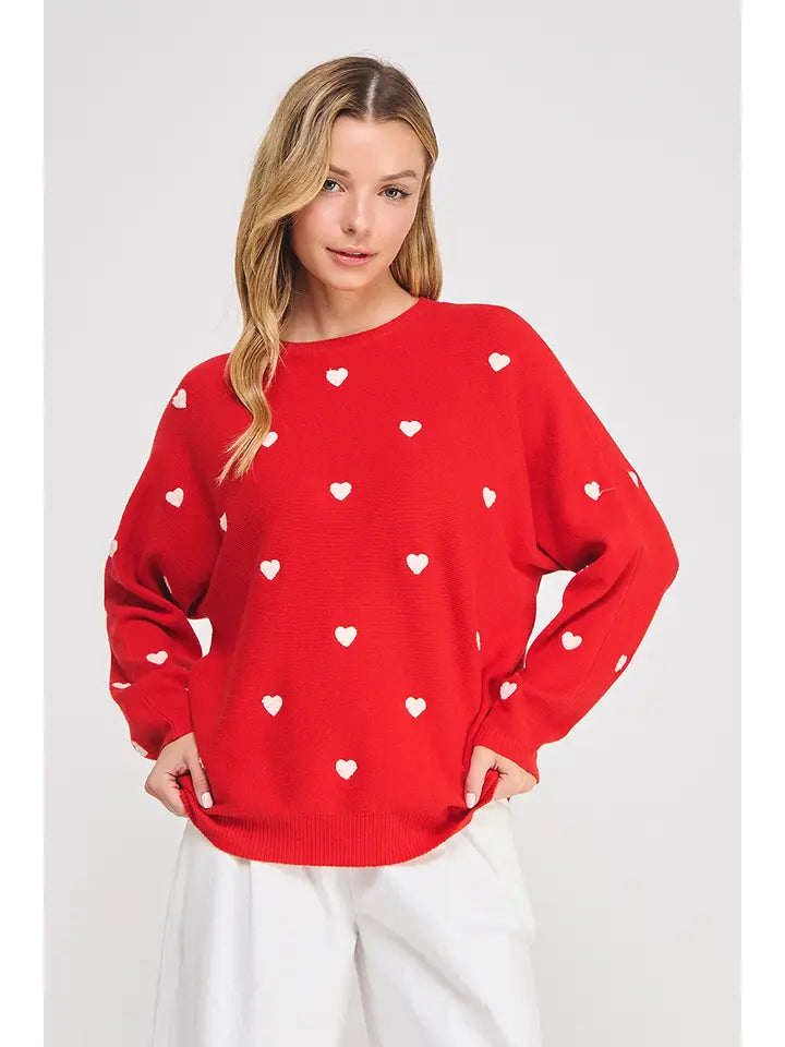 Dolman Sweater with 3D Hearts in Red